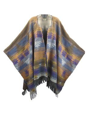 Rhonda Stark OS Southwestern Cape Wrap Poncho Fringe Western Bohemian USA Aztec